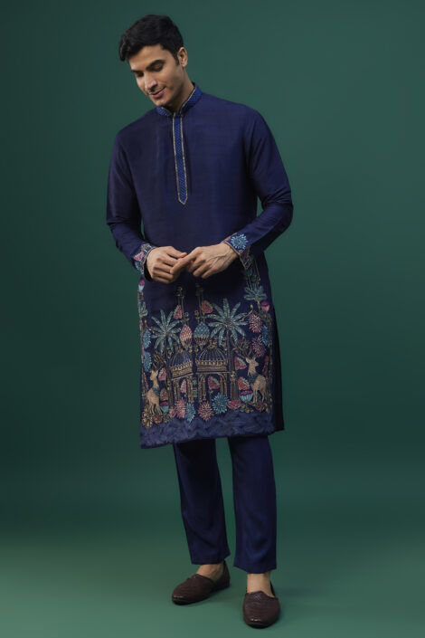 Navy Blue Tussar Resham Hand & Machine Embroidered Kurta Set