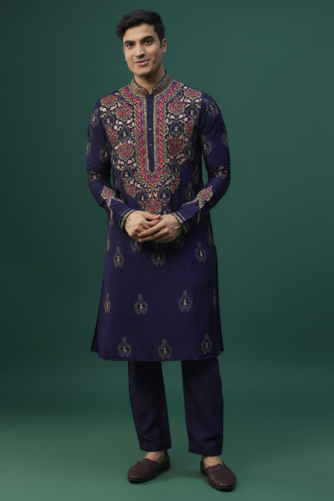 Navy Blue Tussar Resham Hand & Machine Embroidered Kurta Set