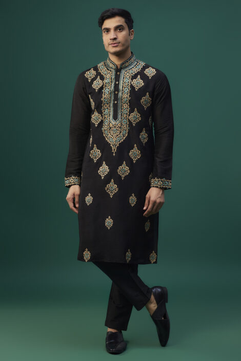 Black Tussar Resham Hand & Machine Embroidered Kurta Set