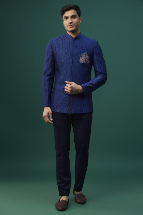 Navy Blue Raw Silk Resham Hand & Machine Embroidered Bandhgala Set