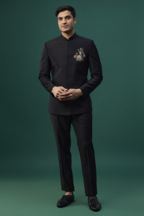 Black Raw Silk Resham Hand & Machine Embroidered Bandhgala Set