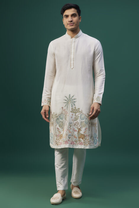 Ivory Tussar Resham Hand & Machine Embroidered Kurta Set