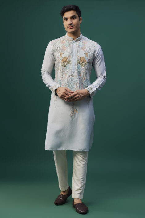 Powder Blue Tussar Resham Hand & Machine Embroidered Kurta Set