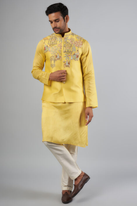 Yellow Tussar Thread Embroidered Bundi Jacket Set