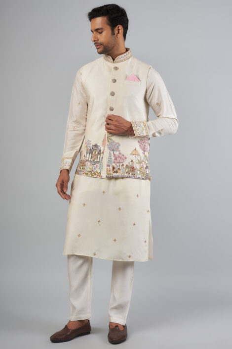 Ivory Tussar Thread Embroidered Bundi Jacket Set