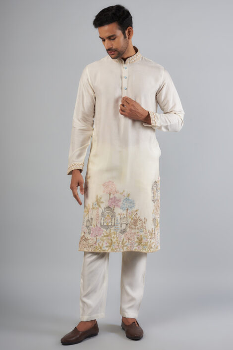 Ivory Tussar Thread Embroidered Kurta Set