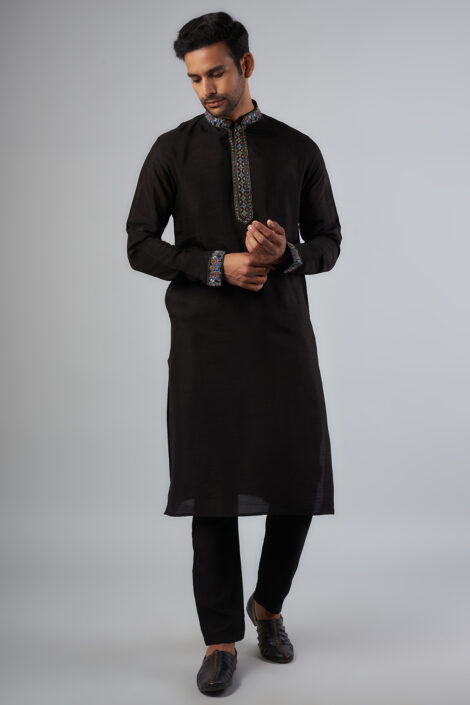 Black Tussar Thread Embroidered Kurta Set