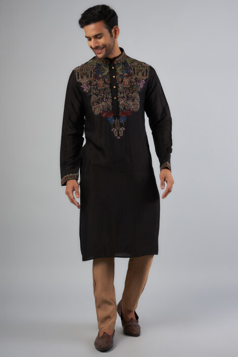 Black Tussar Resham Embroidered Kurta Set