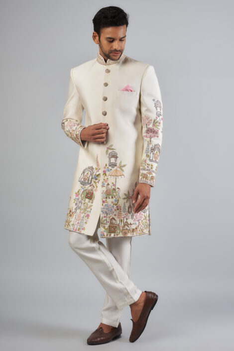 Ivory Tussar Resham Embroidered Sherwani Set