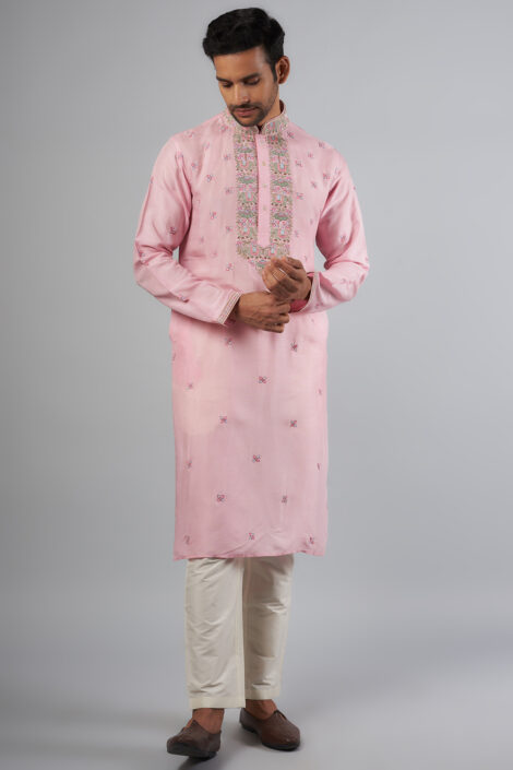 Baby Pink Tussar Resham Embroidered Kurta Set