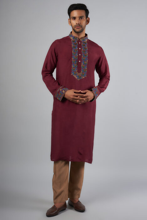 Maroon Tussar Thread Embroidered Kurta Set