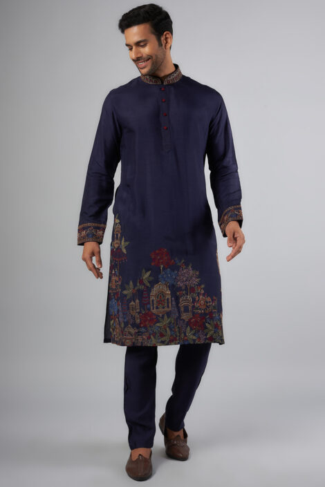 Navy Blue Tussar Resham Embroidered Kurta Set