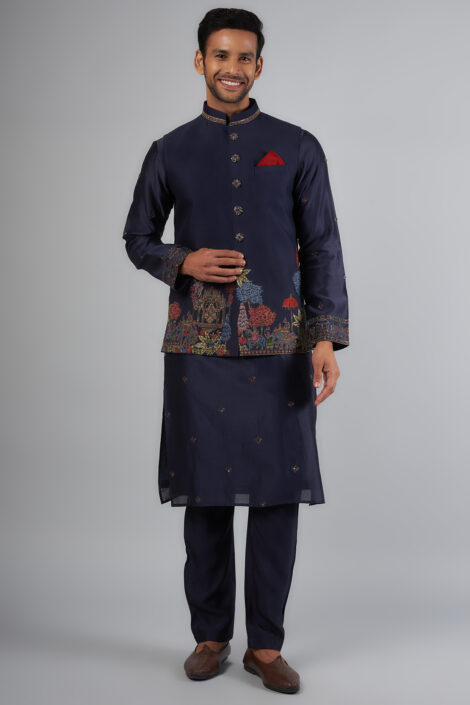 Navy Blue Tussar Resham Embroidered Bundi Jacket Set