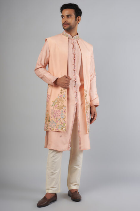 Peach Tussar Resham Embroidered Indowestern Set