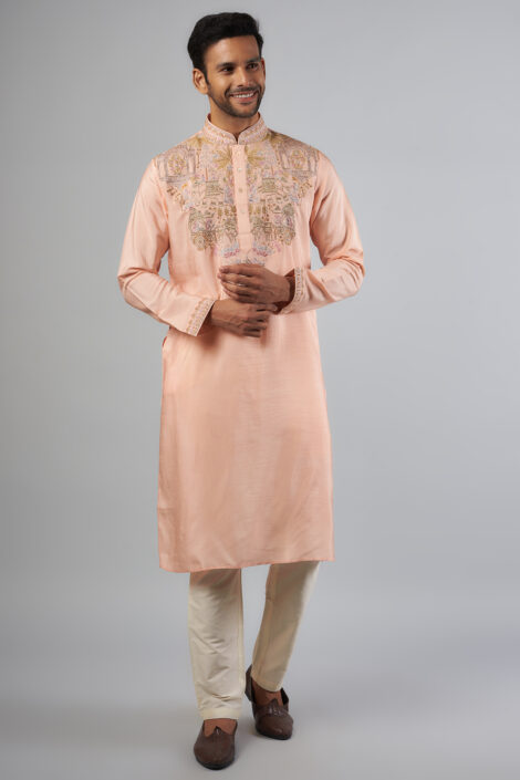 Peach Tussar Machine Embroidered Handcrafted Kurta Set