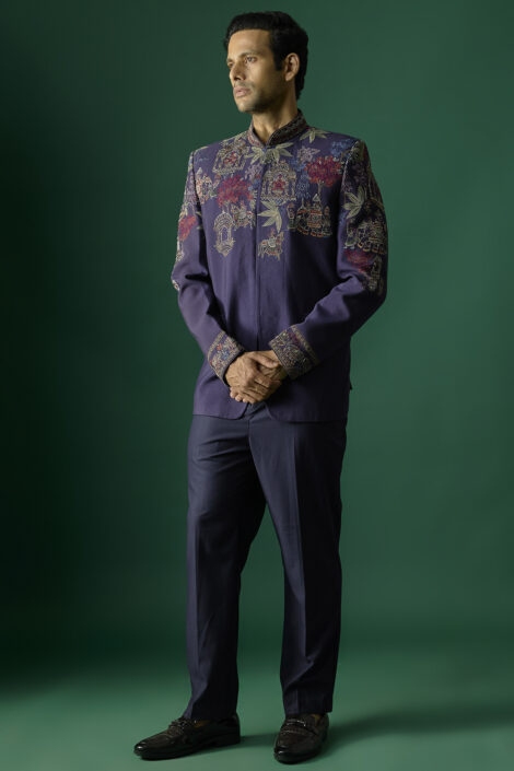 Navy Blue Silk Bandhgala Set