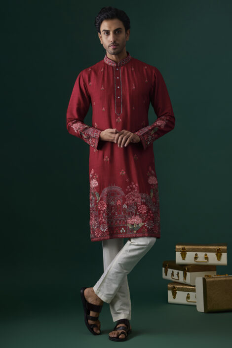 Red Silk Embroidered Kurta Set