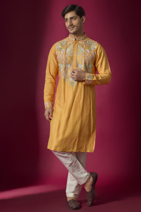 Orange Tussar Hand & Machine Embroidered Kurta Set