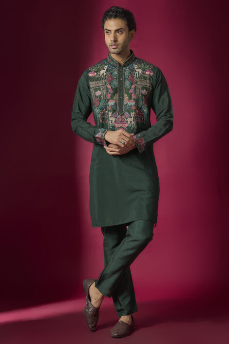 Emerald Green Tussar Hand & Machine Embroidered Kurta Set