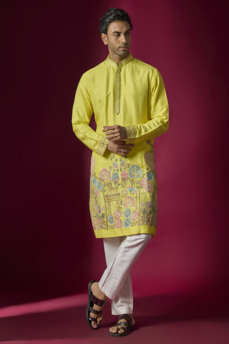 Yellow Tussar Hand & Machine Embroidered Kurta Set