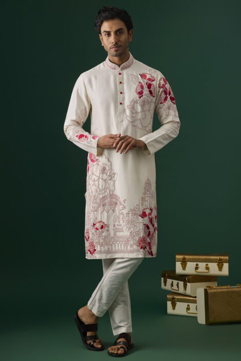 Off-White Tussar Hand & Machine Embroidered Kurta Set