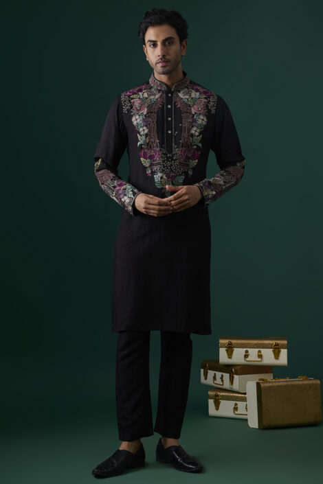 Black Tussar Hand & Machine Embroidered Kurta Set