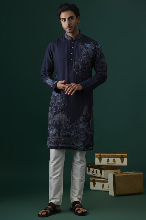 Navy Blue Tussar Hand & Machine Embroidered Kurta Set