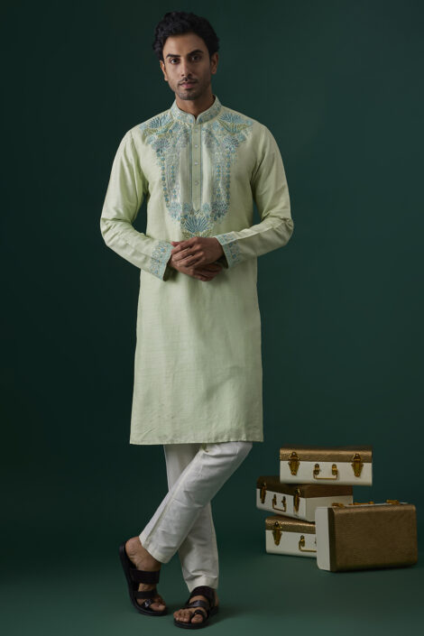 Mint Tussar Hand & Machine Embroidered Kurta Set