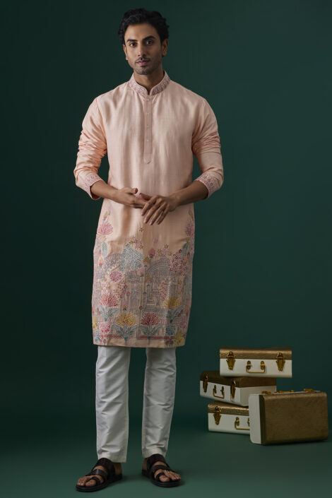 Peach Tussar Hand & Machine Embroidered Kurta Set