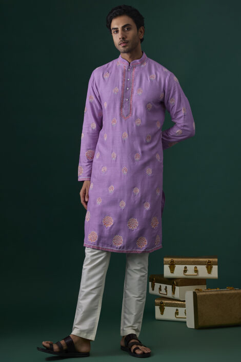 Lilac Tussar Hand & Machine Embroidered Kurta Set