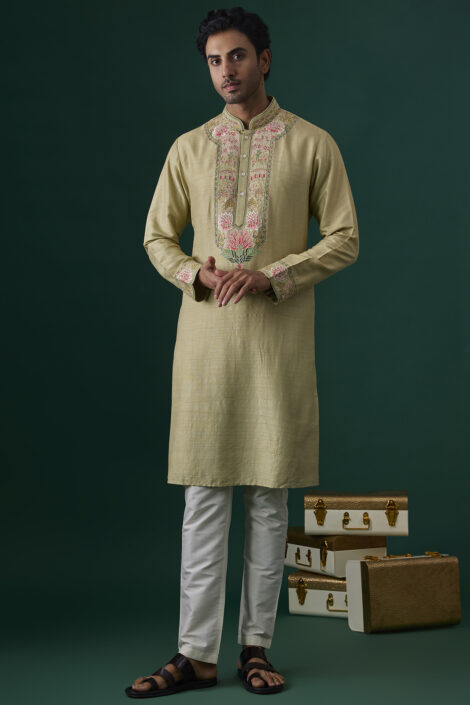 Green Tussar Hand & Machine Embroidered Kurta Set