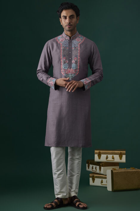 Grey Tussar Hand & Machine Embroidered Kurta Set