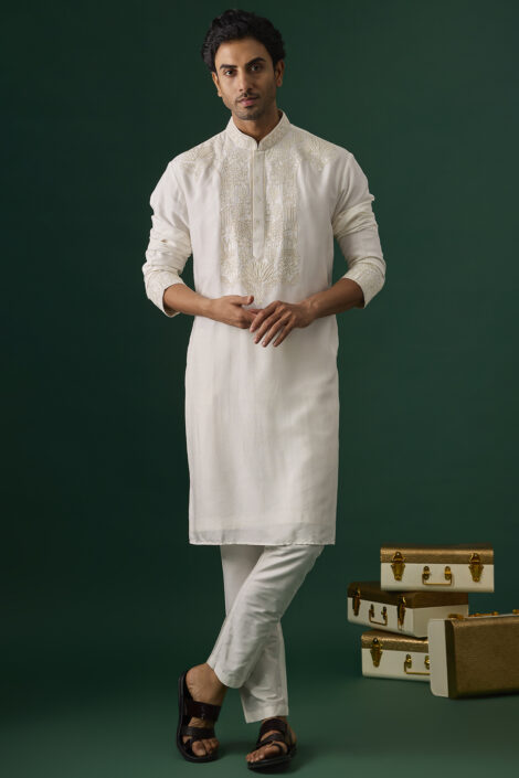 Off-White Tussar Hand & Machine Embroidered Kurta Set