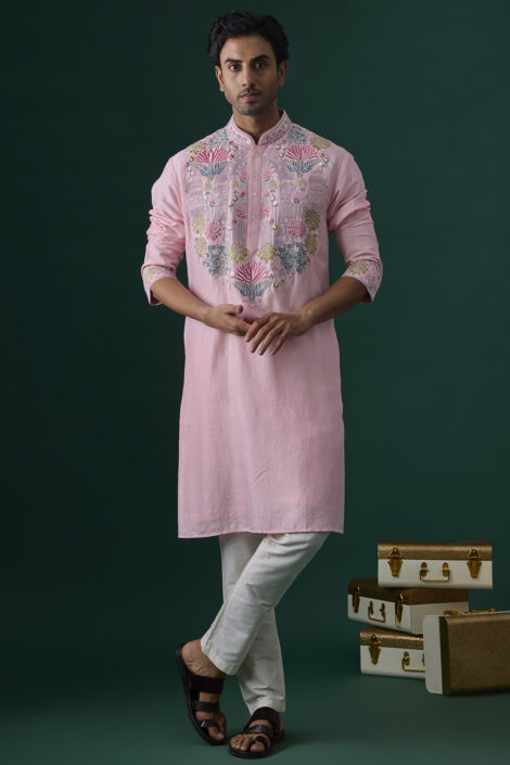 Baby Pink Tussar Hand & Machine Embroidered Kurta Set