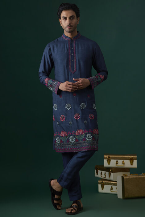 Teal Tussar Hand & Machine Embroidered Kurta Set