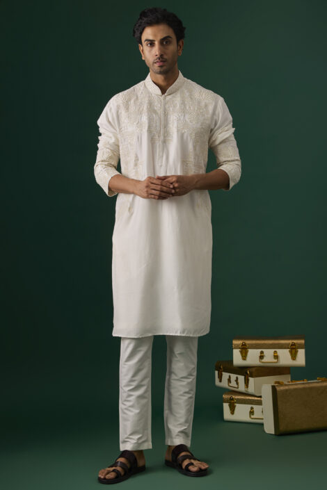 Off-White Tussar Hand & Machine Embroidered Kurta Set
