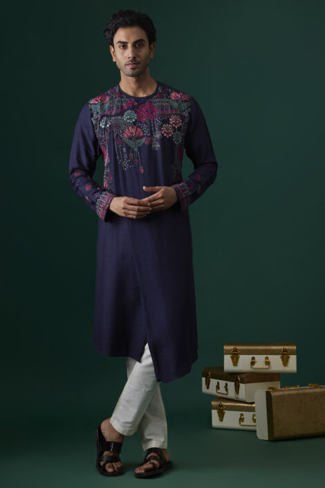Blue Tussar Hand & Machine Embroidered Kurta Set