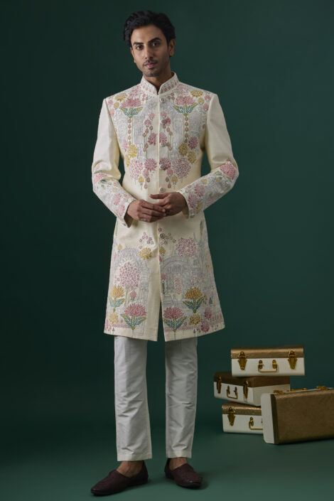 Ivory Raw Silk Hand & Machine Embroidered Sherwani Set