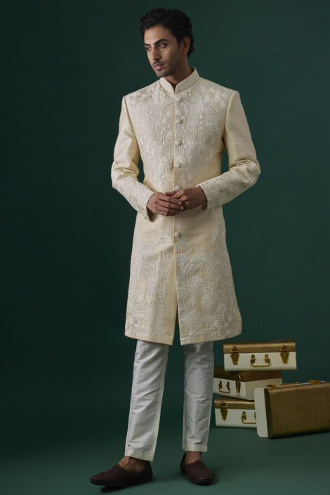 Ecru Raw Silk Hand & Machine Embroidered Sherwani Set
