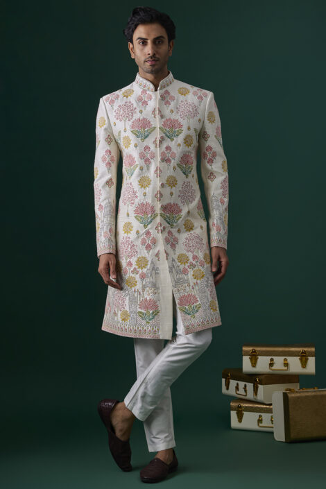 Ivory Raw Silk Hand & Machine Embroidered Sherwani Set
