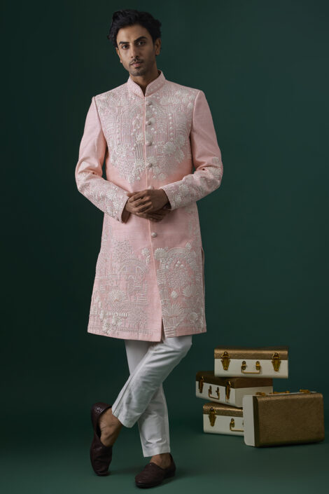 Baby Pink Raw Silk Hand & Machine Embroidered Sherwani Set