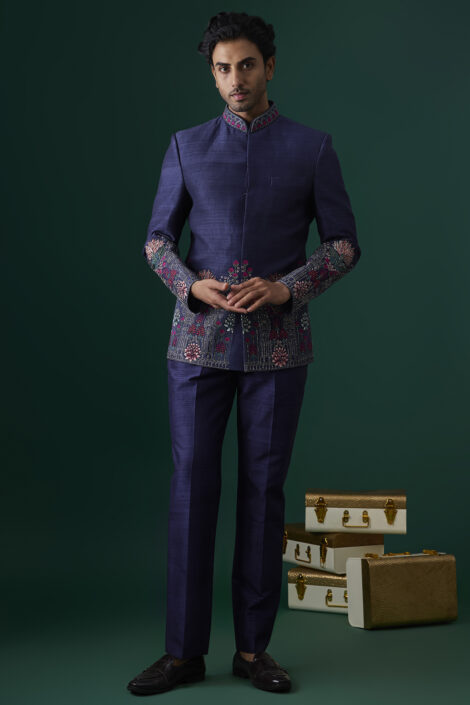 Navy Blue Raw Silk Hand & Machine Embroidered Bandhgala Set