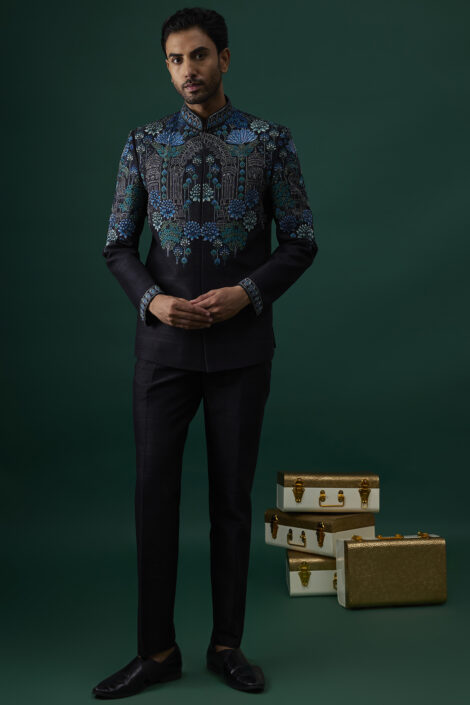 Black Raw Silk Hand & Machine Embroidered Bandhgala Set