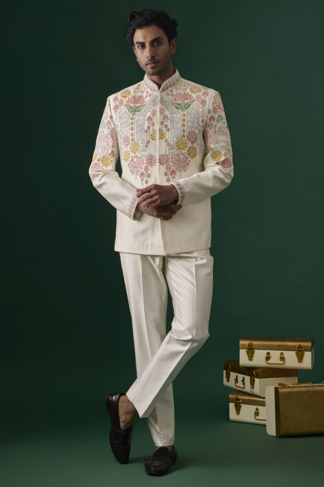 Off-White Raw Silk Hand & Machine Embroidered Bandhgala Set
