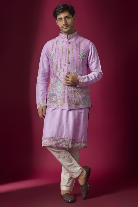Lilac Raw Silk Resham Embroidered Bundi Jacket Set
