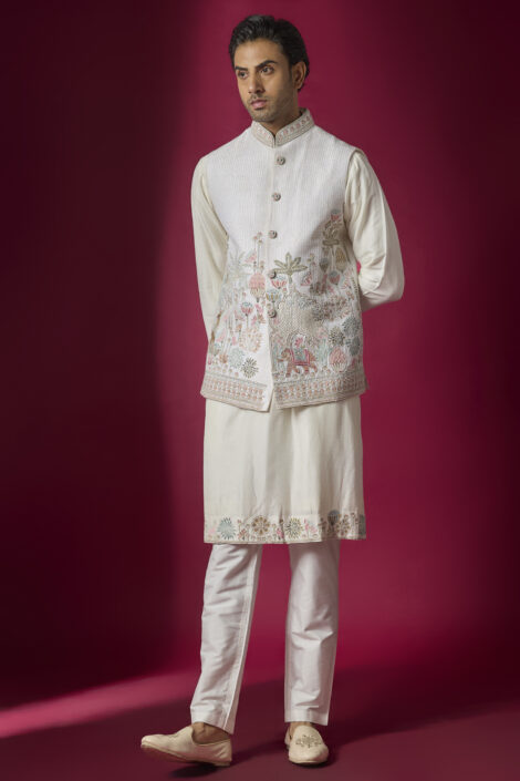 Off-White Raw Silk Resham Embroidered Bundi Jacket Set