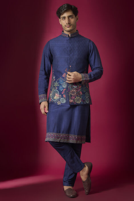 Navy Blue Raw Silk Resham Embroidered Bundi Jacket Set