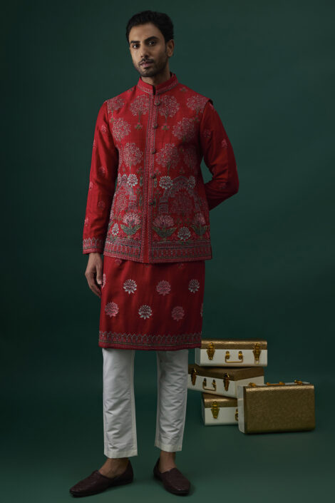 Red Raw Silk Hand & Machine Embroidered Bundi Jacket Set