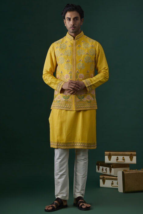 Yellow Raw Silk Hand & Machine Embroidered Bundi Jacket Set