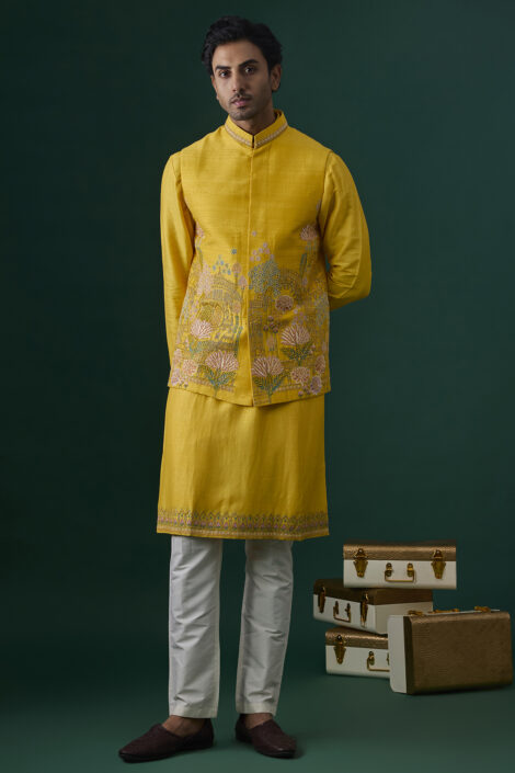 Yellow Raw Silk Hand & Machine Embroidered Bundi Jacket Set